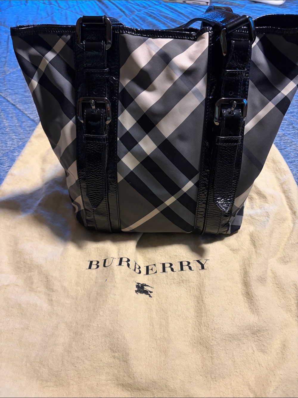 Burberry Black & White Plaid Tote with Patent Trim